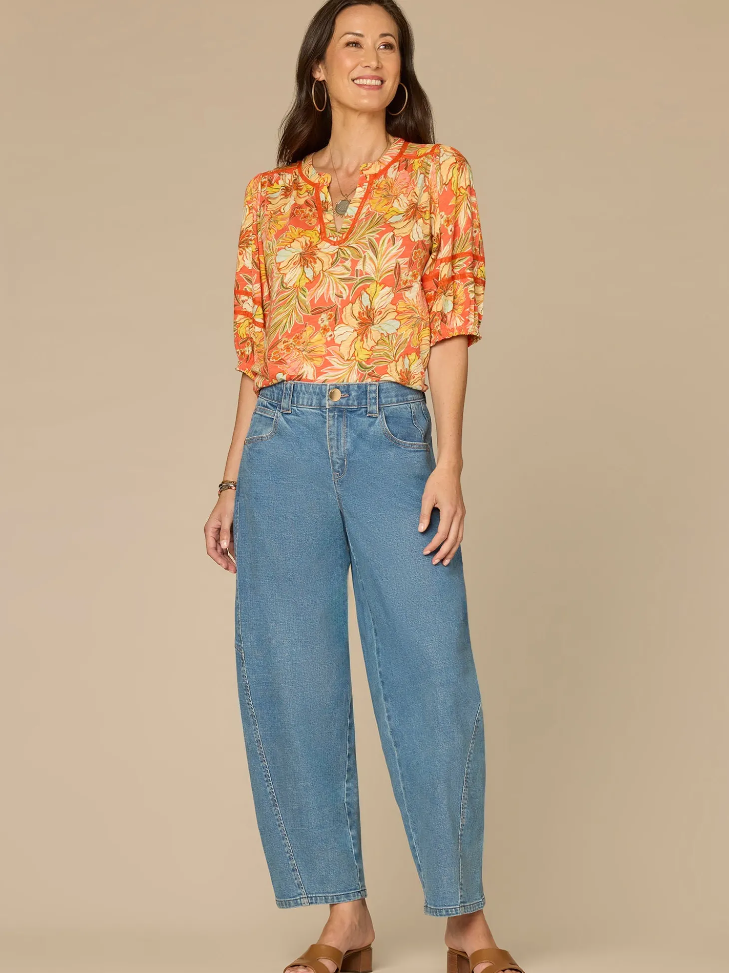Blouson Sleeve Mandarin Collar Half Placket Floral Print Knit Top