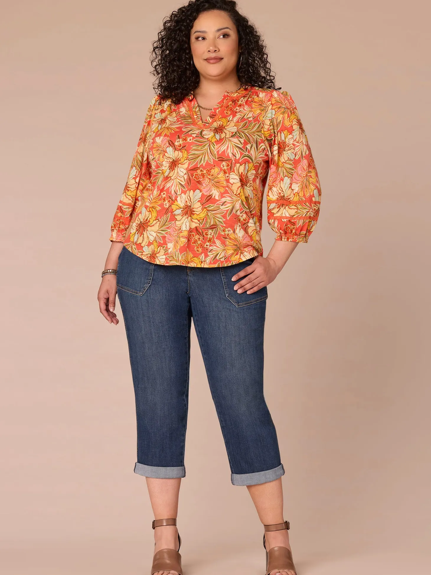 Blouson Sleeve Mandarin Collar Floral Print Plus Size Knit Top