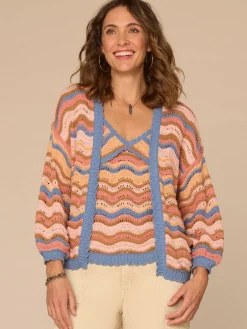 Blouson Sleeve Open Front Scallop Trim Wavy Stripe Sweater Cardigan