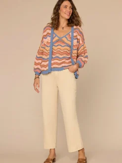 Blouson Sleeve Open Front Scallop Trim Wavy Stripe Sweater Cardigan