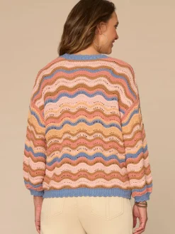 Blouson Sleeve Open Front Wavy Stripe Petite Sweater Cardigan