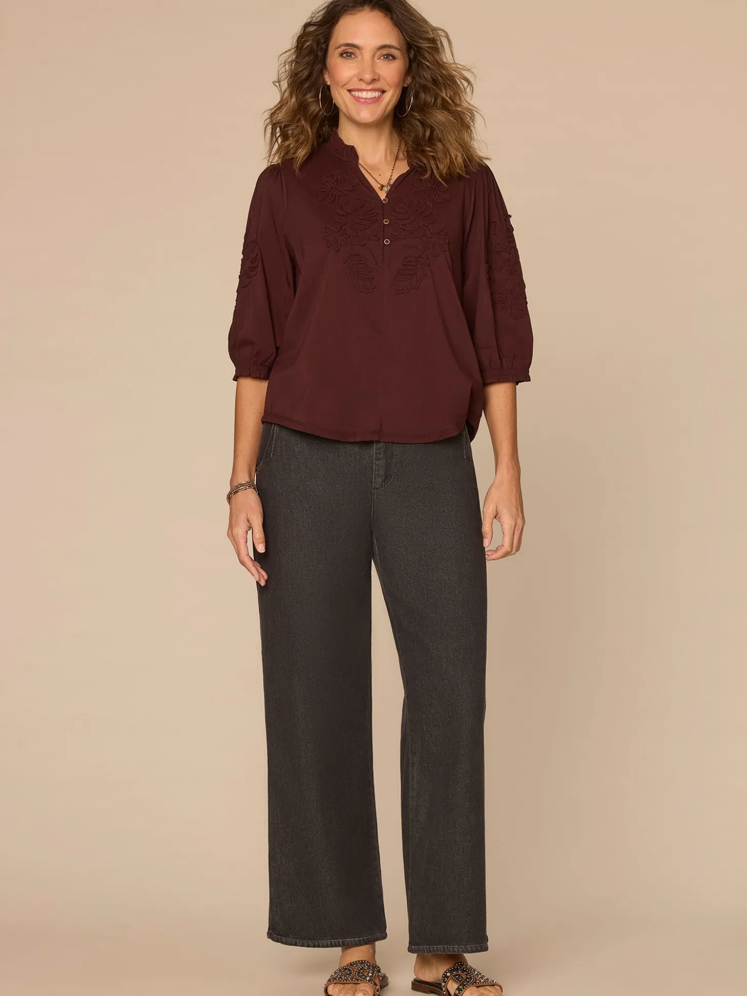 Blouson Sleeve Ruffle Edge V-Neck Soutache Mixed Media Woven Top