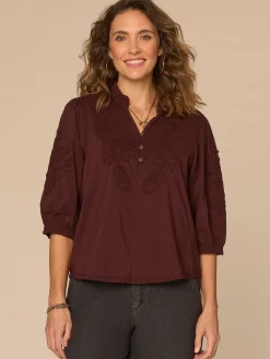 Blouson Sleeve Ruffle Edge V-Neck Soutache Mixed Media Woven Top