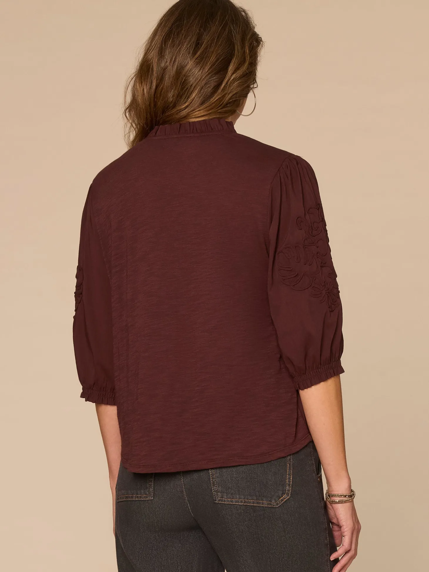 Blouson Sleeve Ruffle Edge V-Neck Soutache Mixed Media Woven Top