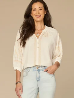 Blouson Sleeve Ruffle Neck Floral Placket Mixed Media Petite Woven Top