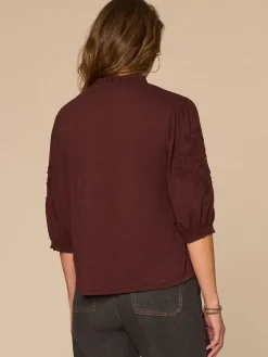 Blouson Sleeve Ruffle V-Neck Soutache Mixed Media Petite Woven Top
