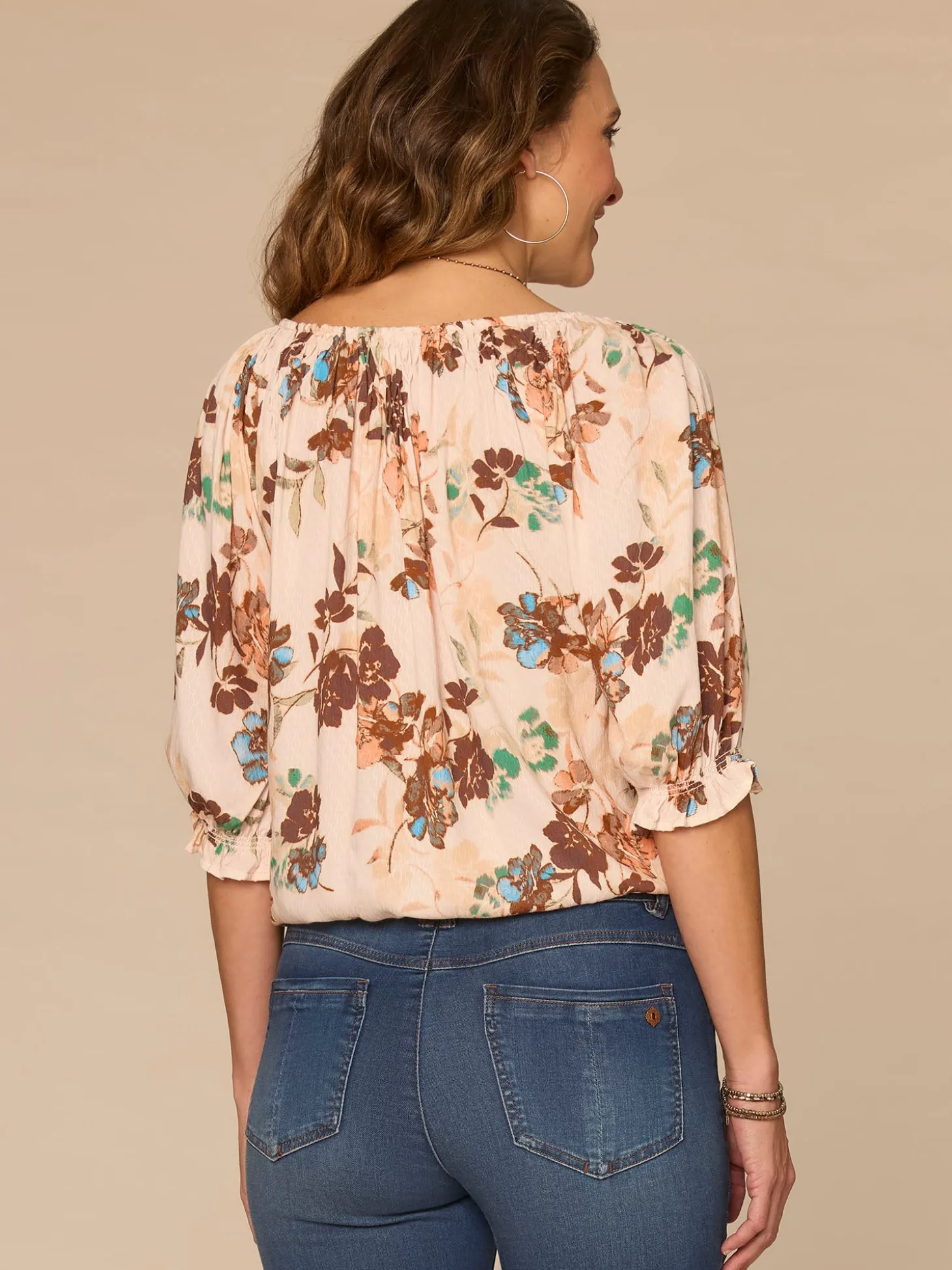 Blouson Sleeve Scoop Neck Bubble Hem Floral Print Petite Woven Top