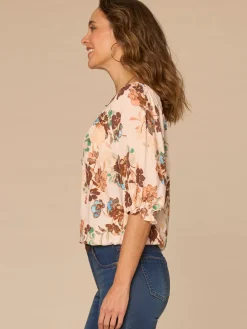 Blouson Sleeve Scoop Neck Bubble Hem Floral Print Petite Woven Top