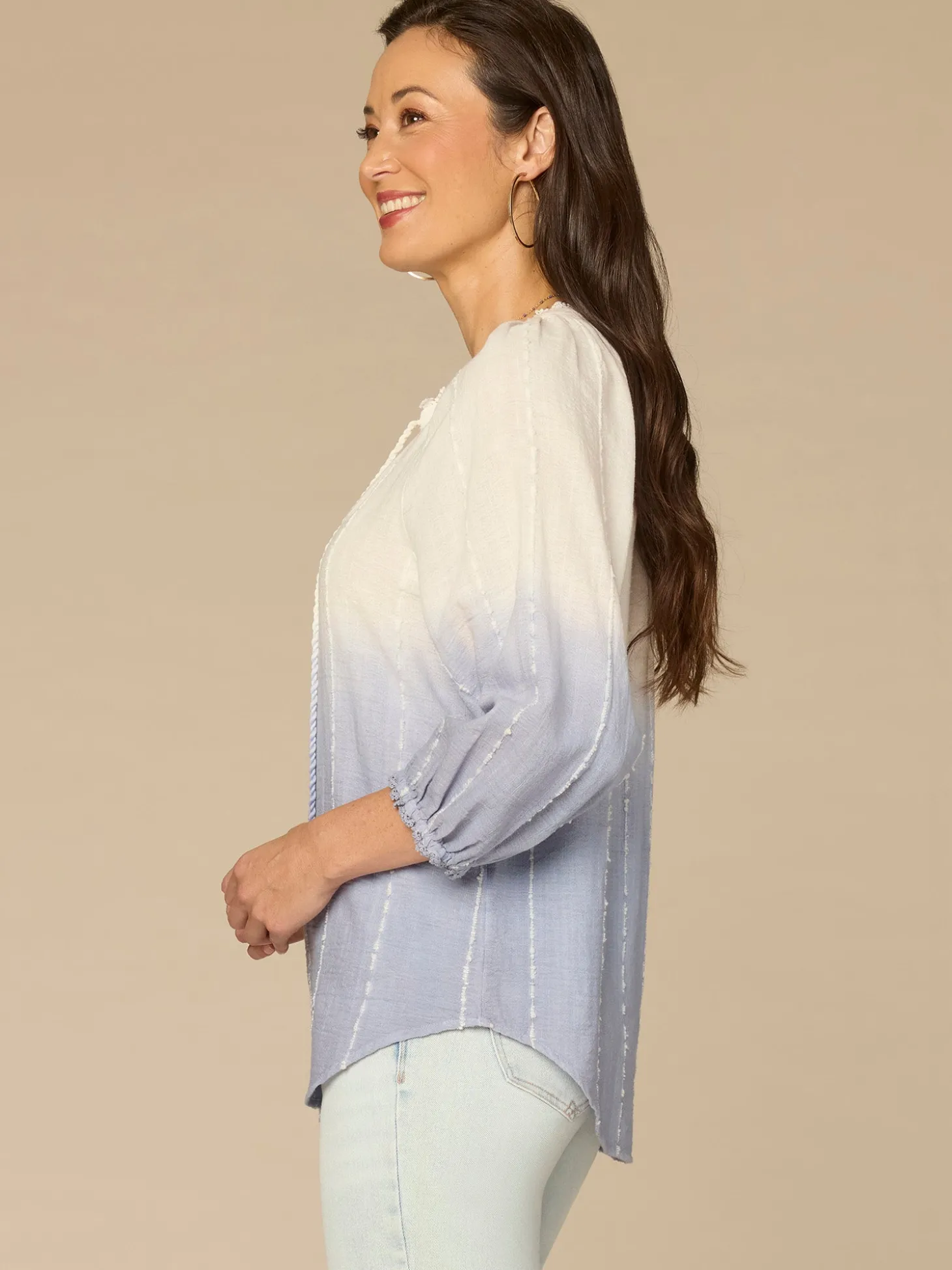 Blouson Sleeve Split Neck Ombre Petite Woven Top with Tie