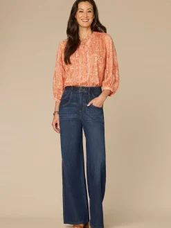 Blouson Sleeve Stand Collar Button Down Printed Petite Woven Top