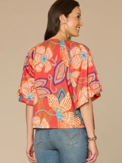 Bubble Bell Sleeve V-Neck Floral Printed Petite Woven Top with O-Ring