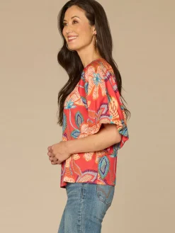 Bubble Bell Sleeve V-Neck Floral Printed Petite Woven Top with O-Ring