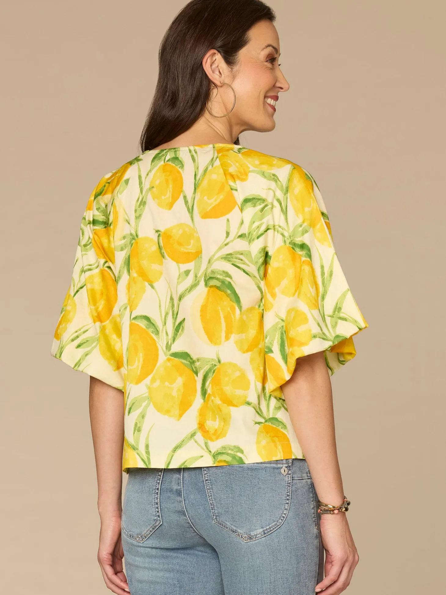 Bubble Bell Sleeve V-Neck Lemon Printed Woven Top with O-Ring