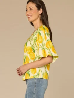 Bubble Bell Sleeve V-Neck Lemon Printed Woven Top with O-Ring