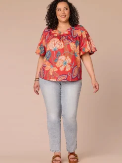 Bubble Sleeve V-Neck Floral Printed Plus Size Woven Top with O-Ring