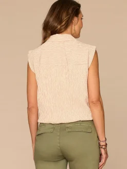 Cap Sleeve Collared Button Down Spliced Stripe Petite Woven Top