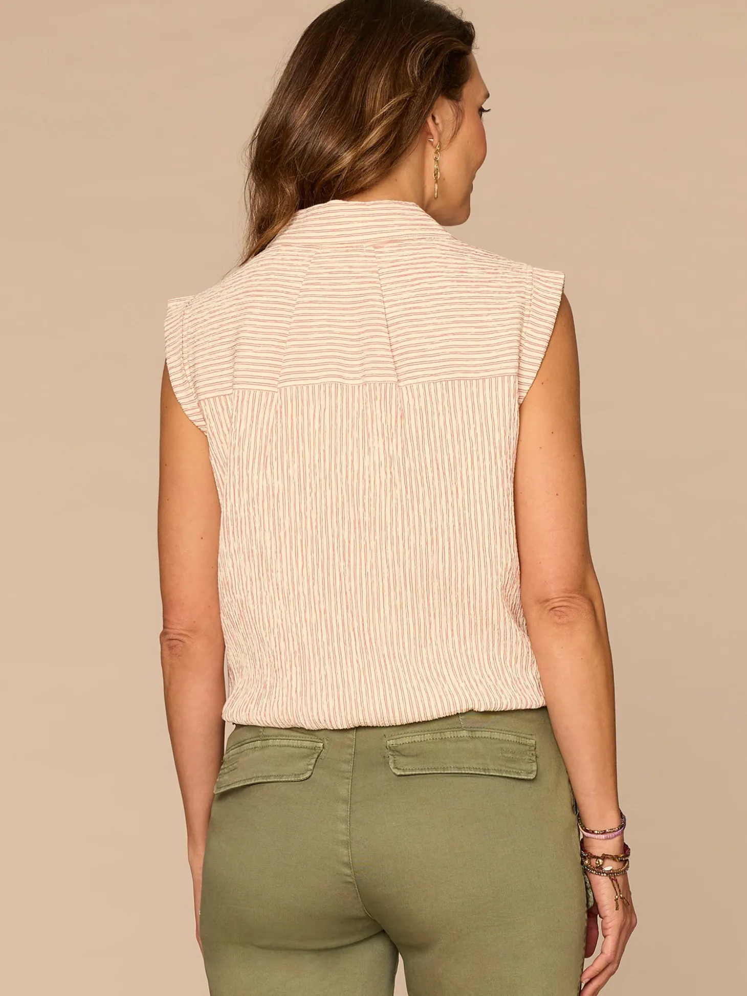 Cap Sleeve Collared Button Down Placket Spliced Stripe Woven Top