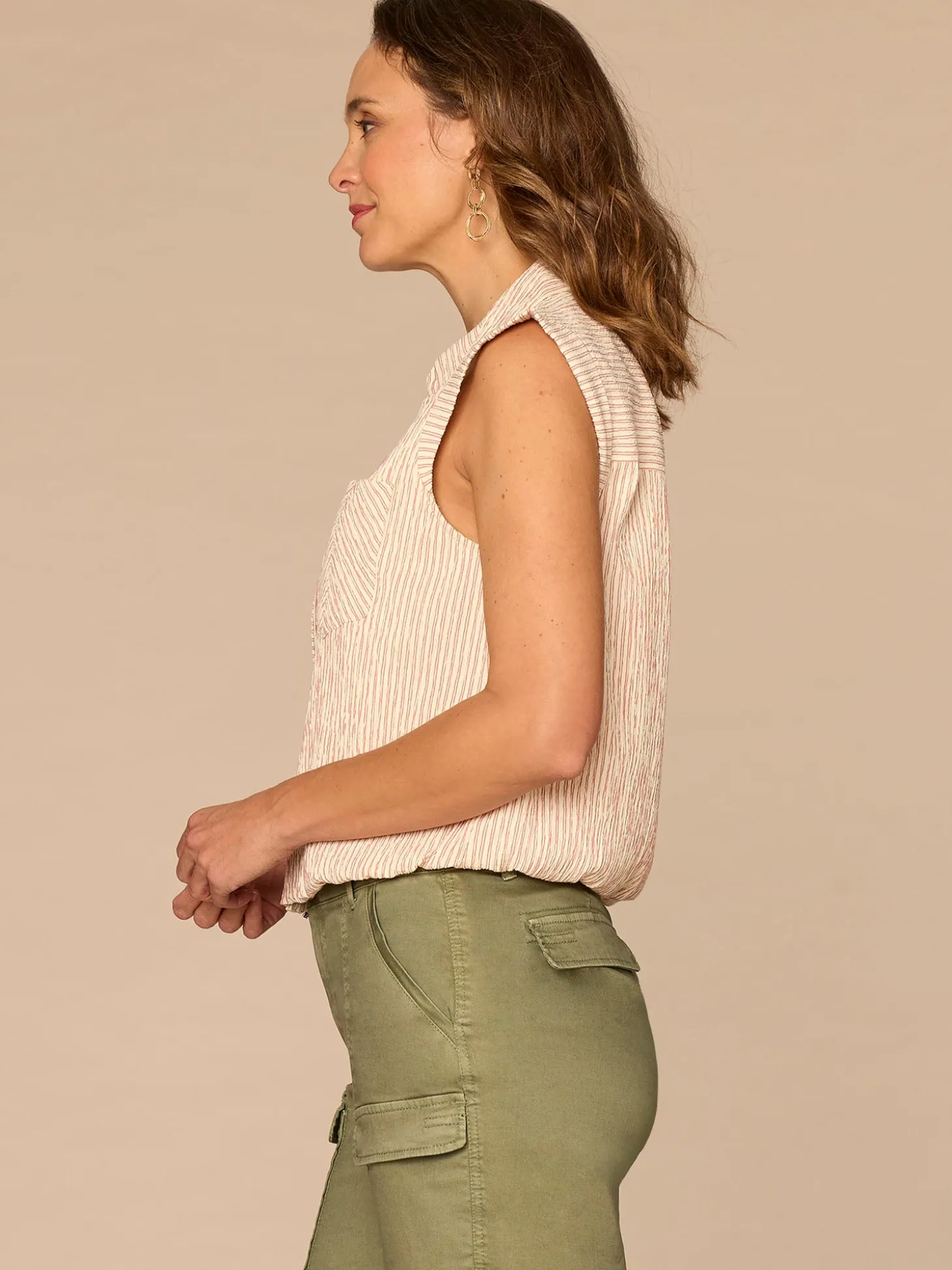 Cap Sleeve Collared Button Down Placket Spliced Stripe Woven Top