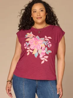 Cap Sleeve Scoop Neck Asymmetrical Ruching Printed Plus Size Knit Top