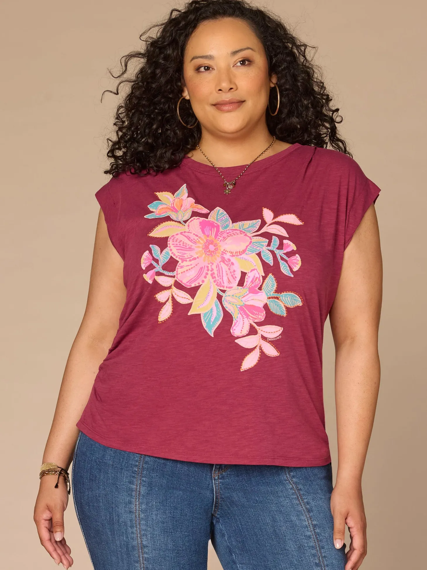 Cap Sleeve Scoop Neck Asymmetrical Ruching Printed Plus Size Knit Top
