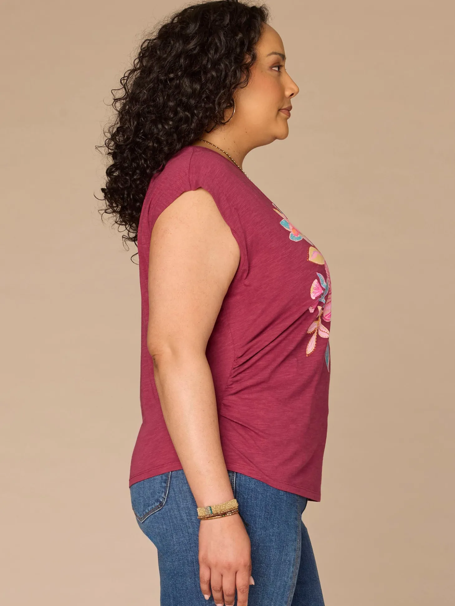 Cap Sleeve Scoop Neck Asymmetrical Ruching Printed Plus Size Knit Top