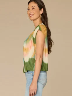 Cap Sleeve Scoop Neck Bubble Hem Placement Print Petite Knit Top