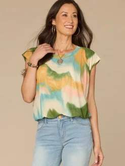 Cap Sleeve Scoop Neck Bubble Hem Placement Print Petite Knit Top