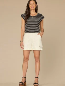 Cap Sleeve Scoop Neck Embroidered Stripe Knit Top