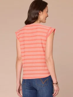 Cap Sleeve Scoop Neck Embroidered Stripe Knit Top