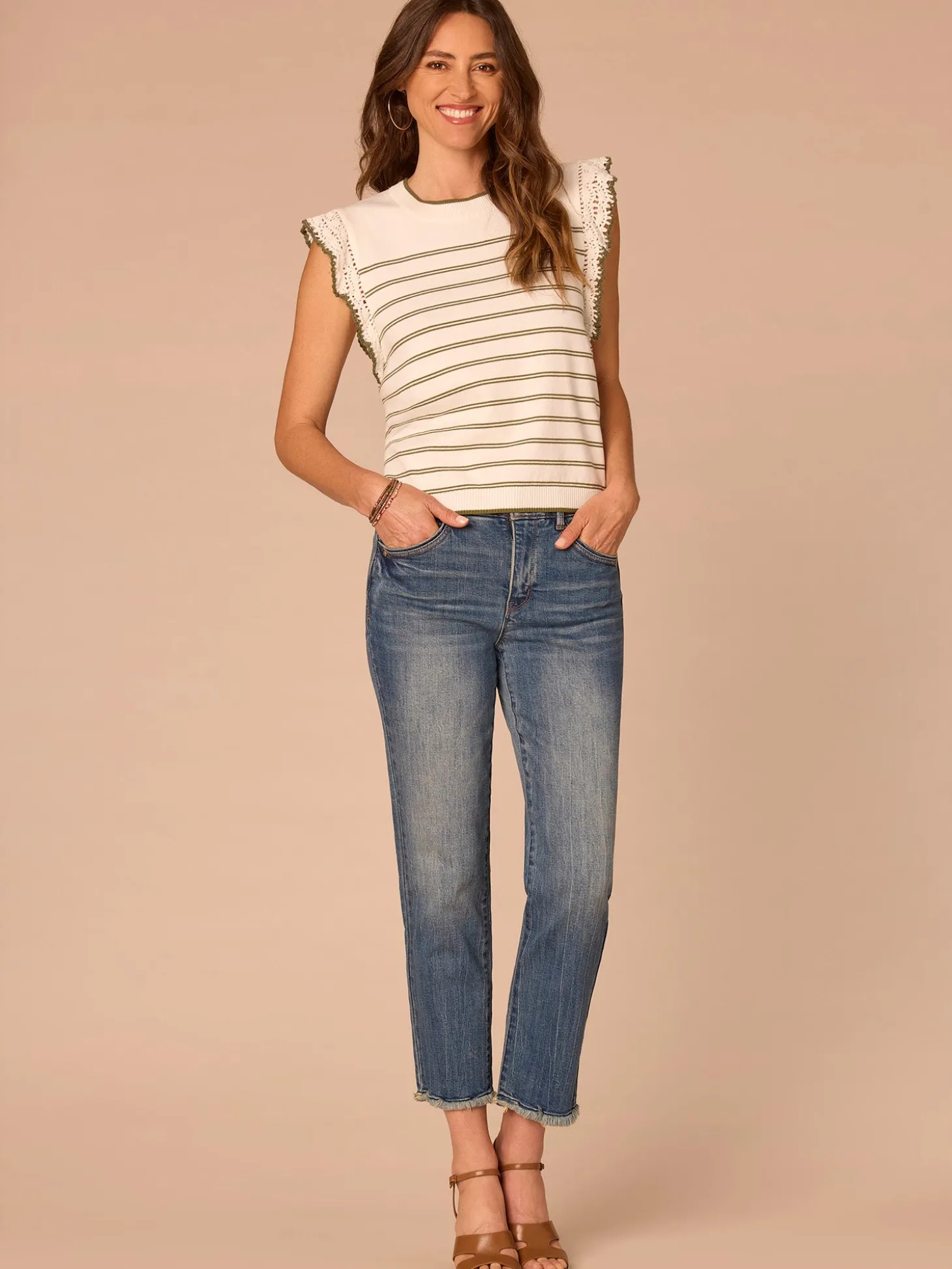 Crochet Ruffle Sleeve Round Neck Striped Sweater Top