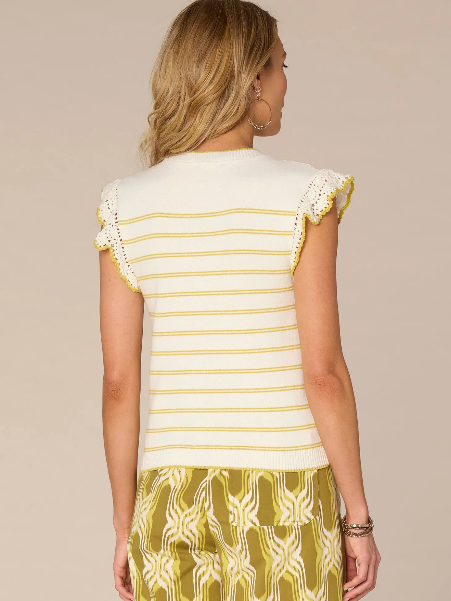 Crochet Ruffle Sleeve Round Neck Striped Sweater Top