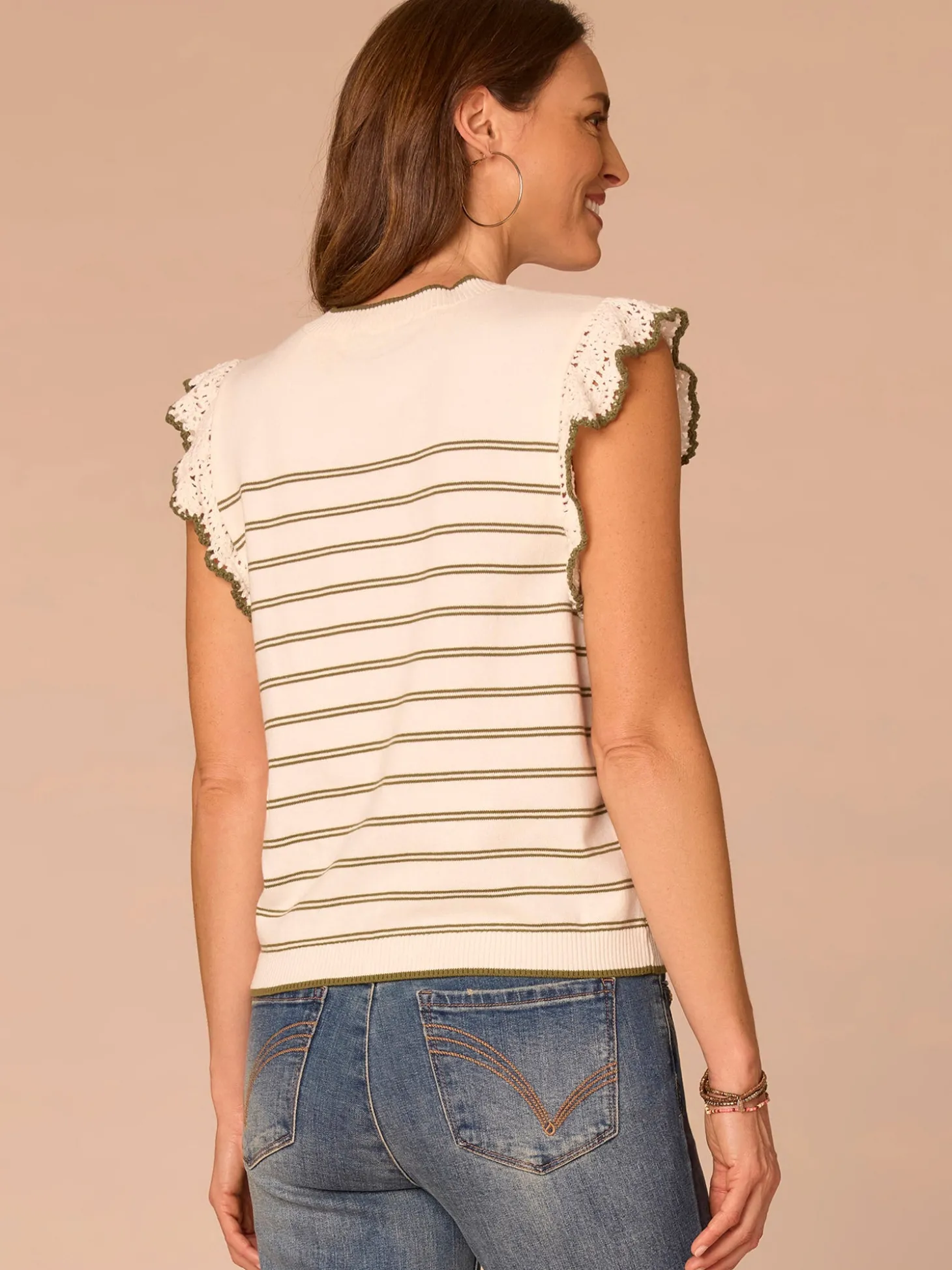 Crochet Ruffle Sleeve Round Neck Striped Sweater Top