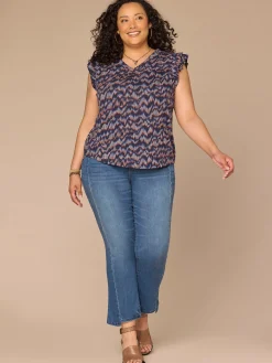 Double Ruffle Cap Sleeve Deep V-Neck Abstract Print Plus Size Knit Top