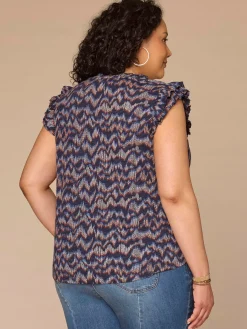 Double Ruffle Cap Sleeve Deep V-Neck Abstract Print Plus Size Knit Top