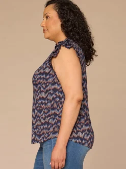 Double Ruffle Cap Sleeve Deep V-Neck Abstract Print Plus Size Knit Top
