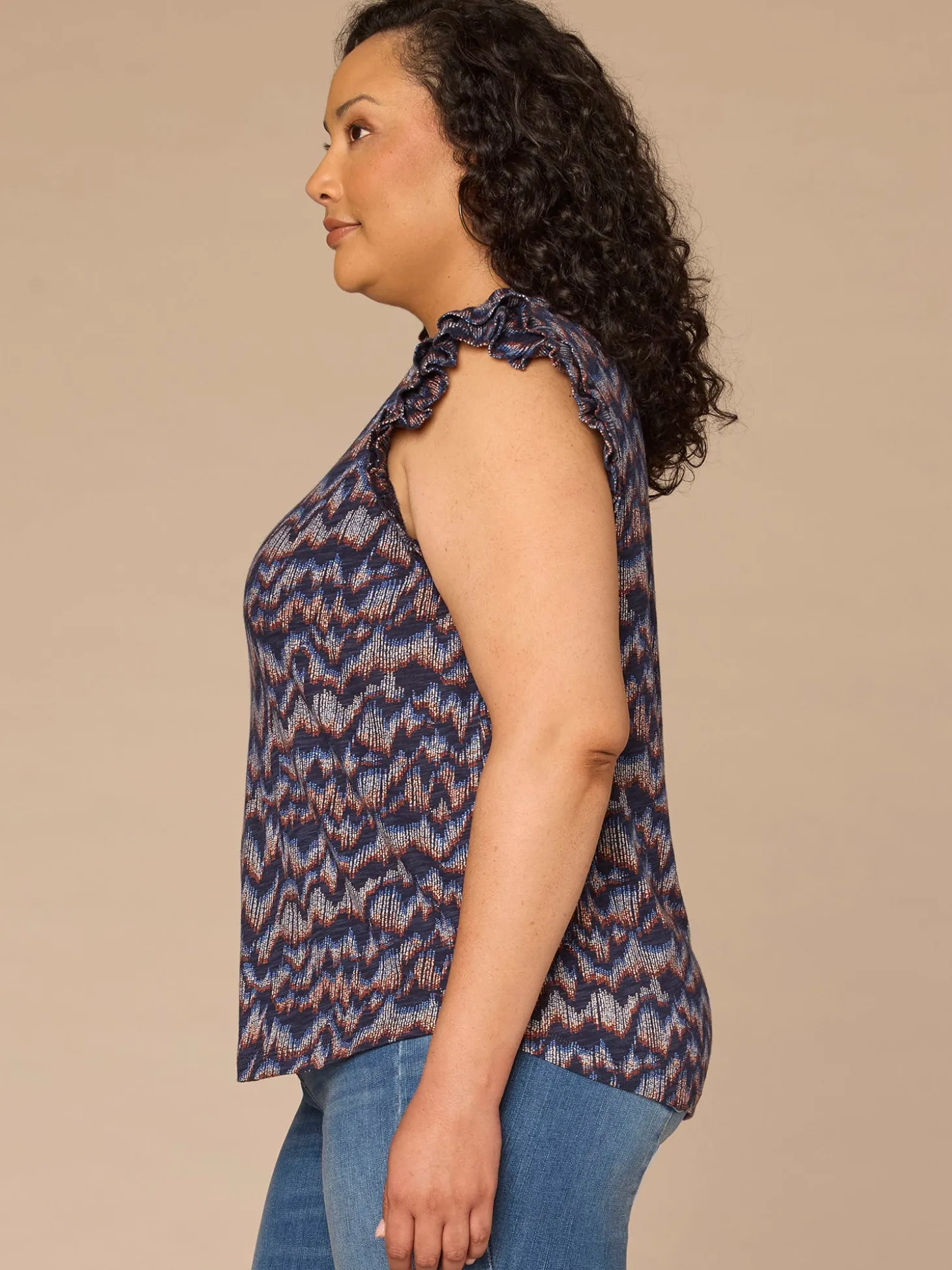Double Ruffle Cap Sleeve Deep V-Neck Abstract Print Plus Size Knit Top