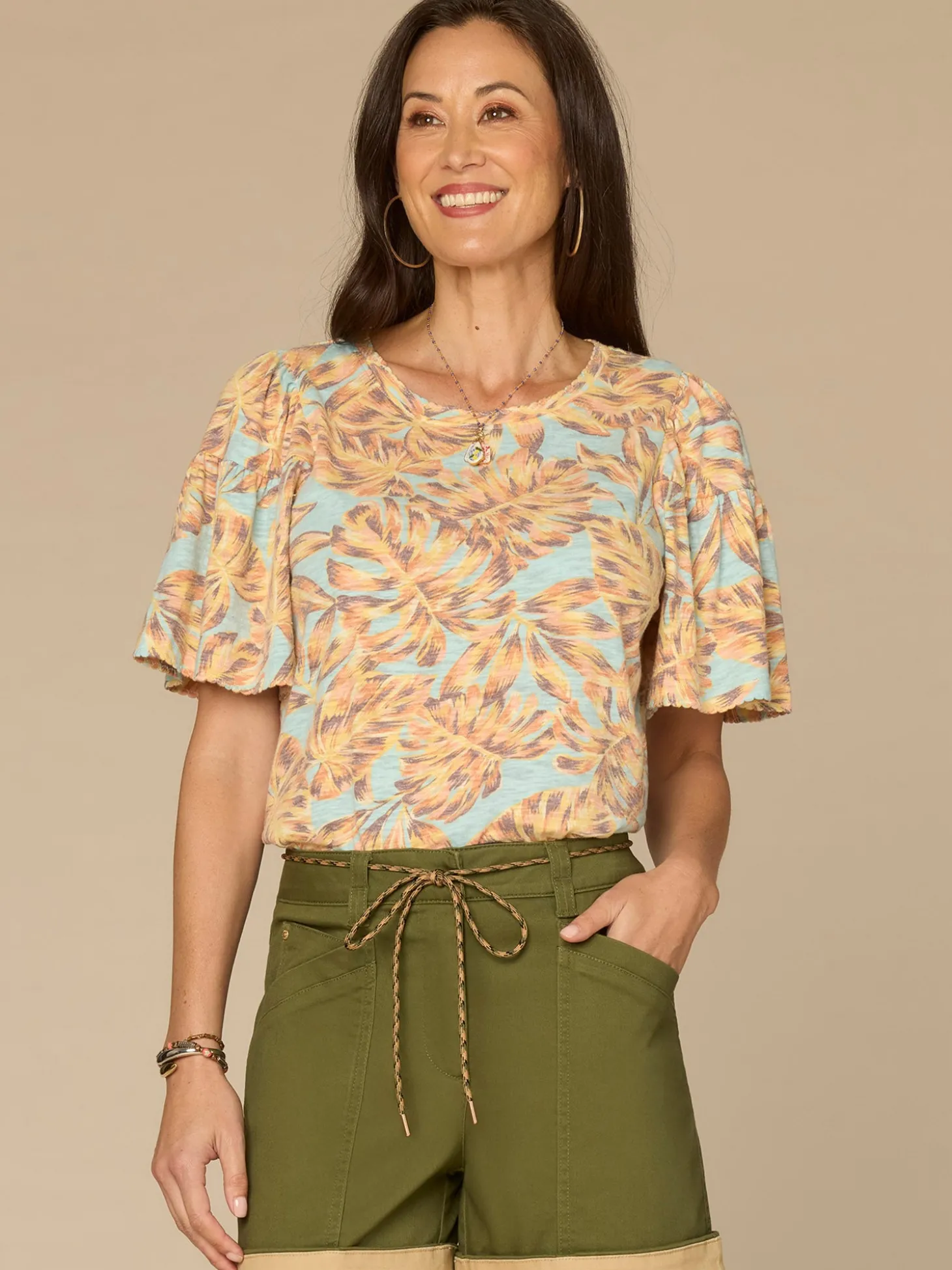 Elbow Bell Sleeve Scallop Scoop Neck Abstract Leaf Print Knit Top