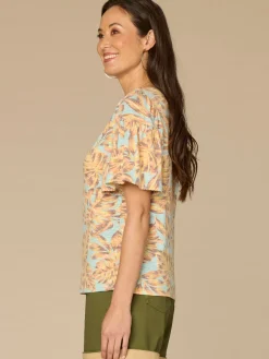 Elbow Bell Sleeve Scallop Scoop Neck Abstract Leaf Print Knit Top
