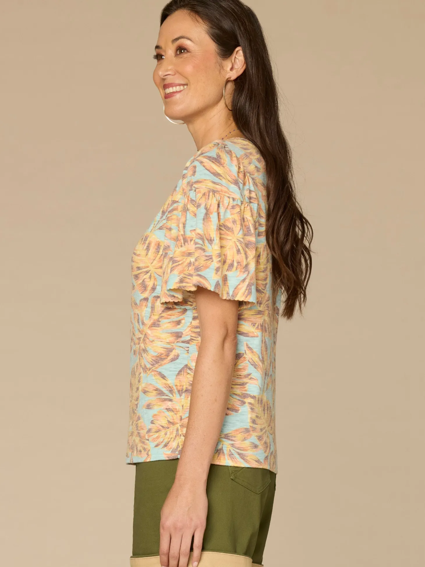 Elbow Bell Sleeve Scallop Scoop Neck Abstract Leaf Print Knit Top