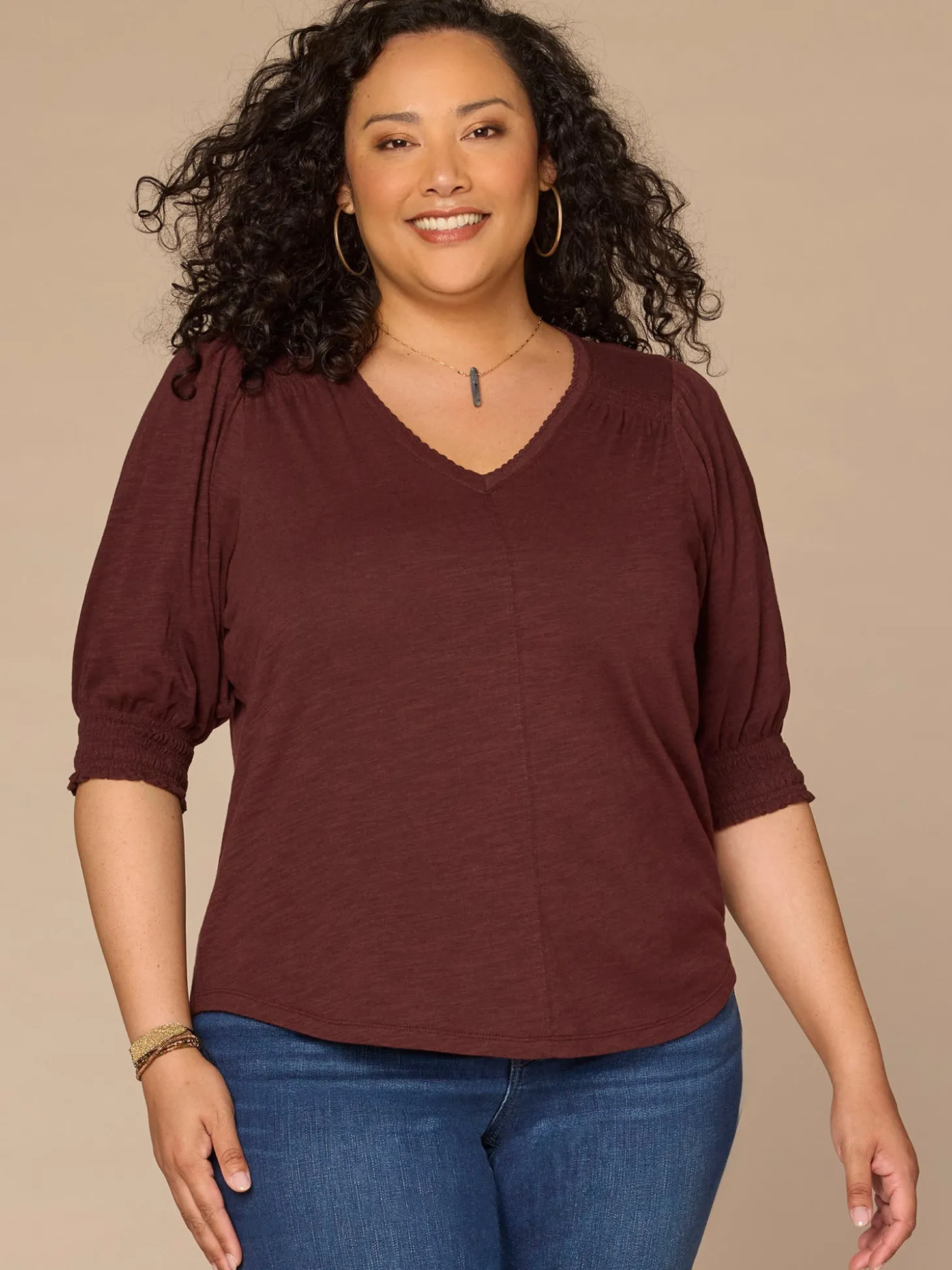 Elbow Blouson Sleeve Scallop V-Neck Smocked Knit Top