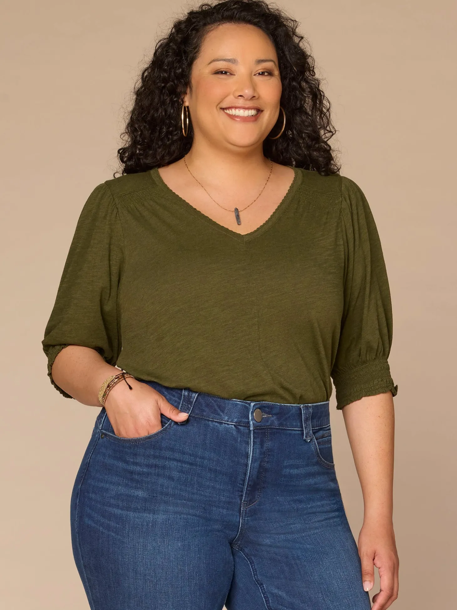 Elbow Blouson Sleeve Scallop V-Neck Smocked Knit Top