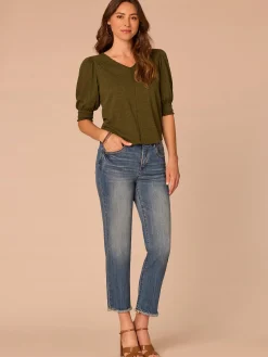 Elbow Blouson Sleeve Scallop V-Neck Smocked Knit Top