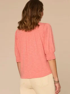 Elbow Blouson Sleeve Scallop V-Neck Smocked Knit Top