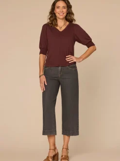 Elbow Blouson Sleeve Scallop V-Neck Smocked Knit Top