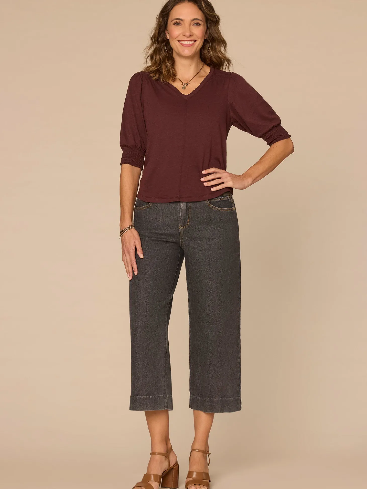 Elbow Blouson Sleeve Scallop V-Neck Smocked Knit Top