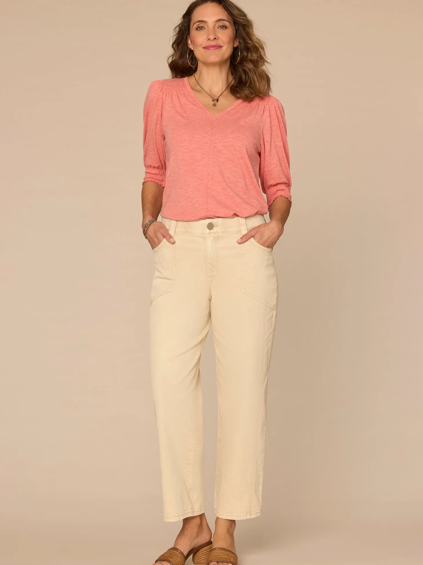 Elbow Blouson Sleeve Scallop V-Neck Smocked Knit Top