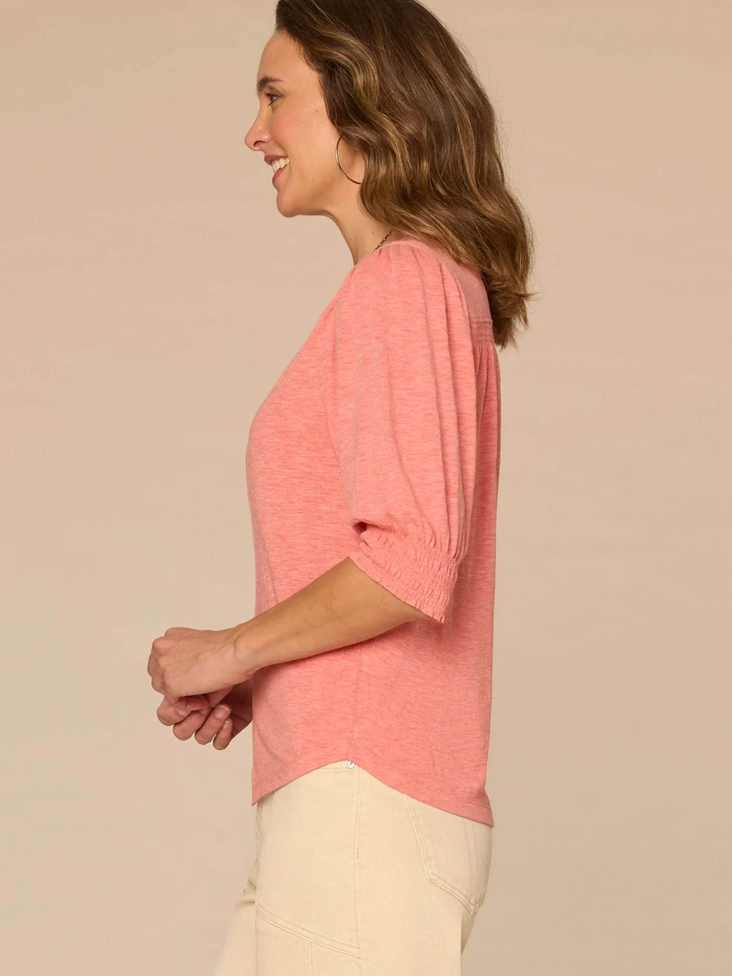 Elbow Blouson Sleeve Scallop V-Neck Smocked Knit Top