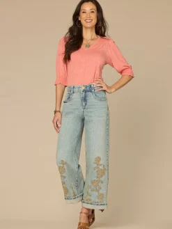 Elbow Blouson Sleeve Scallop V-Neck Smocked Petite Knit Top