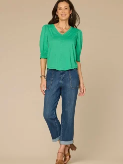 Elbow Blouson Sleeve Scallop V-Neck Smocked Petite Knit Top