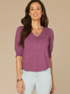 Elbow Blouson Sleeve Scallop V-Neck Smocked Knit Top
